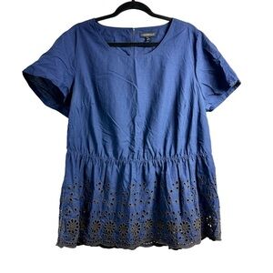 Lane Bryant Women’s Plus Sz 18 Blue Floral Eyelet Round Neck Short Sleeve Top